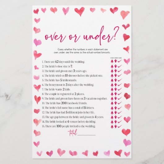 Papeterie Hearts Over or Under Bridal Shower Game  (Devant)