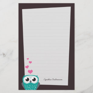 Papeterie Hibou et papier de note de coeurs d'amour (rayé)