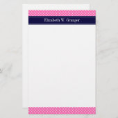 Papeterie Hot Pink #2 Wht Polka Dots Navy Blue Name monogram (Devant / Derrière)