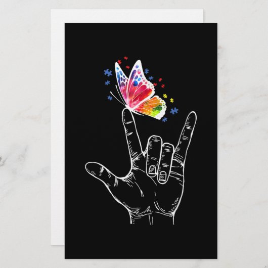Papeterie I Love You Hand Sign Language Butterfly Autism (Devant / Derrière)