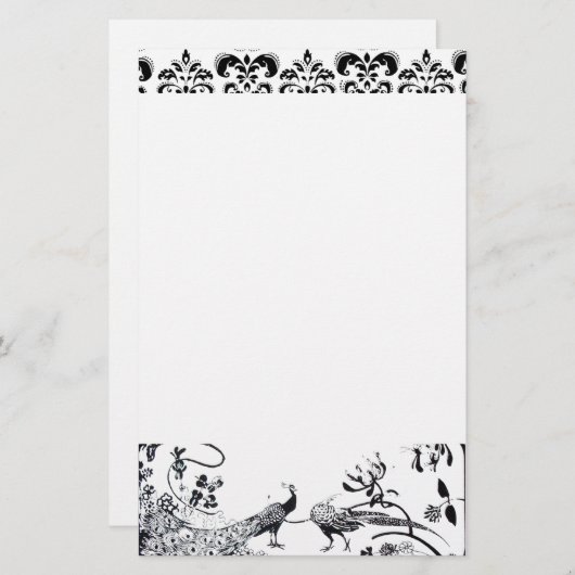 Papeterie INSÉPARABLES mariages noir blanc Peacocks Damask (Devant / Derrière)