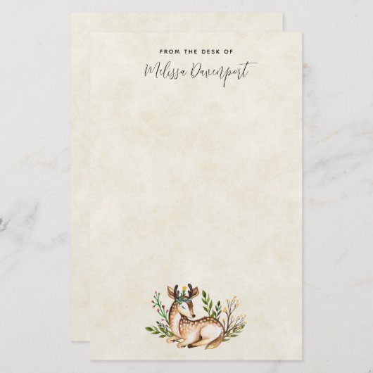 Papeterie Joli Cerf Aquarellé Posé En Bas Boho (Devant / Derrière)