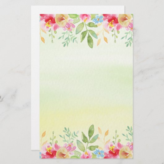 Papeterie Joli rose rouge et bleu Aquarelle Fleurs (Devant / Derrière)