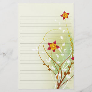 Papeterie jolies fleurs rouges sur papier vert doux