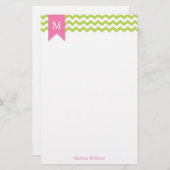 Papeterie Kiwi Green Chevrons Motif et Monogramme rose (Devant / Derrière)