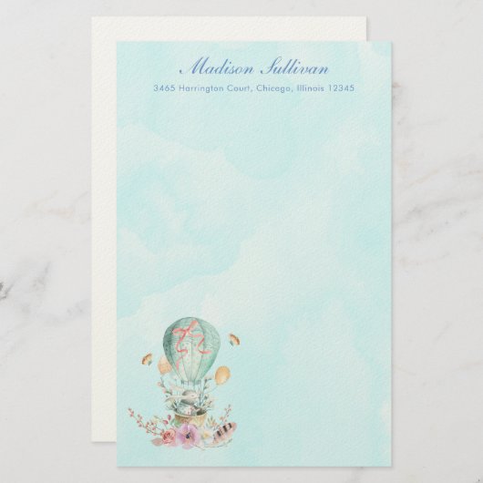 Papeterie Lapin Whimsical Riding dans un ballon à air chaud (Devant / Derrière)