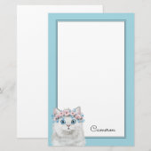 Papeterie Le chat floral blanc doux | ajoutent votre nom (Devant / Derrière)