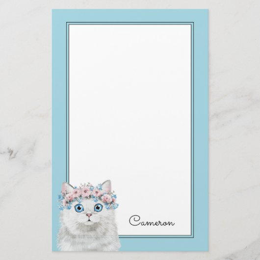 Papeterie Le chat floral blanc doux | ajoutent votre nom (Devant)