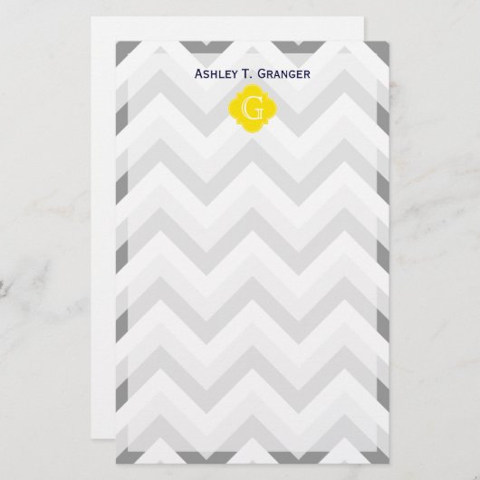 Papeterie Lieutenant Two Grey White Chevron Yellow Monogram (Devant / Derrière)
