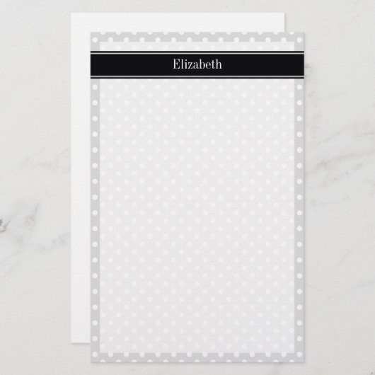 Papeterie Lt Grey Blanc Pois Noir Nom Monogramme (Devant / Derrière)