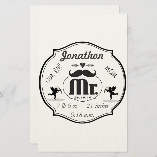 Papeterie M. Mustache Lil Man Baby Boy Statistiques (Devant / Derrière)