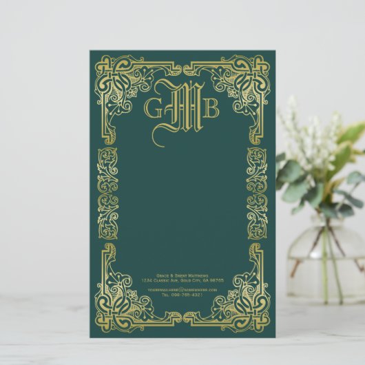 Papeterie Mariage Monogramme Classic Gold Frame Dark Green (Debout devant)