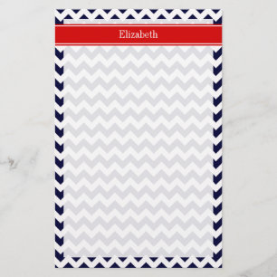 Papeterie Marine Bleu Blanc Chevron Zig Zag Rouge Nom Monogr