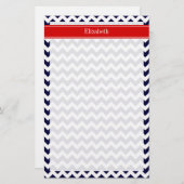 Papeterie Marine Bleu Blanc Chevron Zig Zag Rouge Nom Monogr (Devant / Derrière)