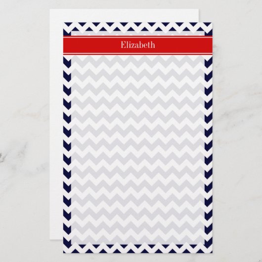 Papeterie Marine Bleu Blanc Chevron Zig Zag Rouge Nom Monogr (Devant / Derrière)