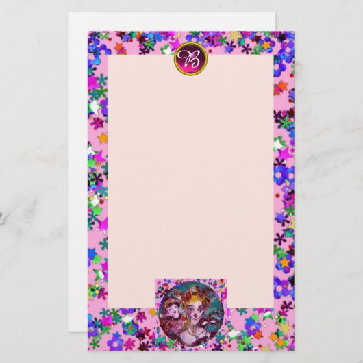 PAPETERIE MASQUERADE VÉNÉTIENNE, MONOGRAMME ROSE CONFETTI (Devant / Derrière)