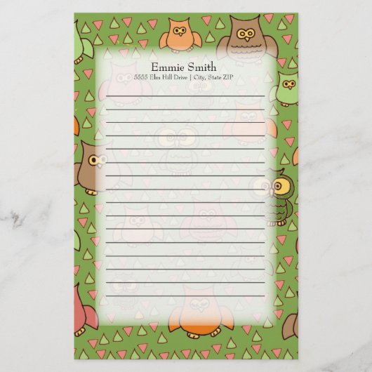 Papeterie Mignons hiboux bruns rose orange sur fond vert (Devant)
