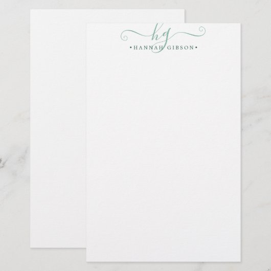 Papeterie Moderne Monogramme Fancy Initiales Script Vert (Devant / Derrière)
