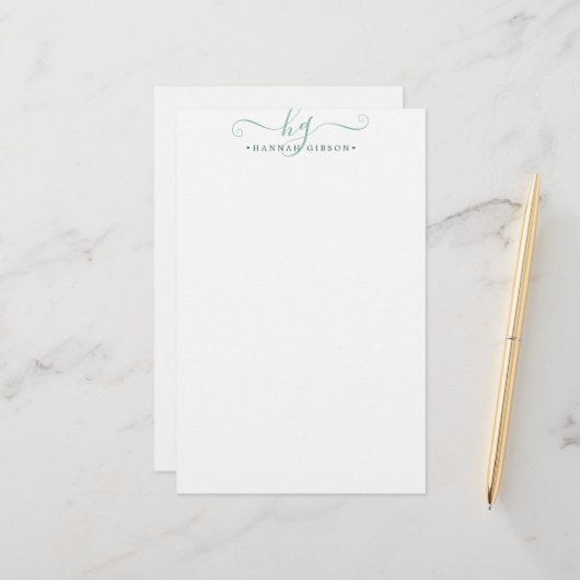 Papeterie Moderne Monogramme Fancy Initiales Script Vert (Devant/Arrière en situation)