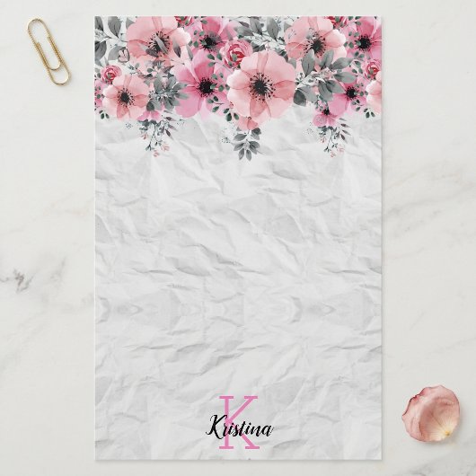 Papeterie Monogramme à texture froissée florale rose aquarel