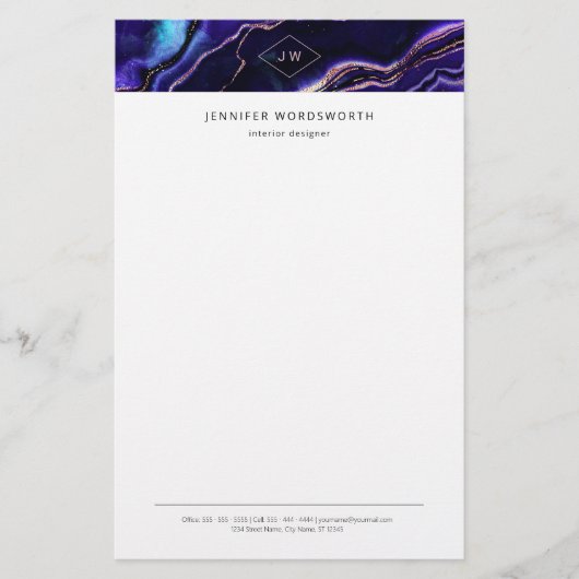 Papeterie Monogramme Aquarelle Géode Deep Blue Purple Agate (Devant)