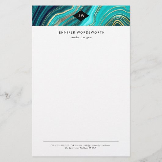 Papeterie Monogramme Aquarelle Géode Vert Agate Malachite (Devant)