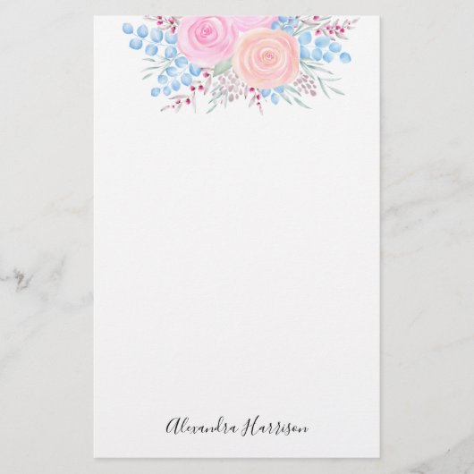 Papeterie Monogramme Bouquet d'aquarelle Roses roses Bleues  (Devant)