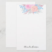 Papeterie Monogramme Bouquet d'aquarelle Roses roses Bleues  (Devant / Derrière)