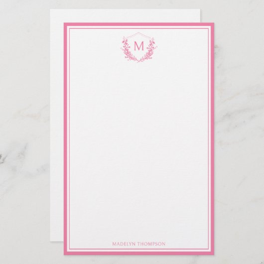 Papeterie Monogramme classique Cimier rose double bordure (Devant / Derrière)