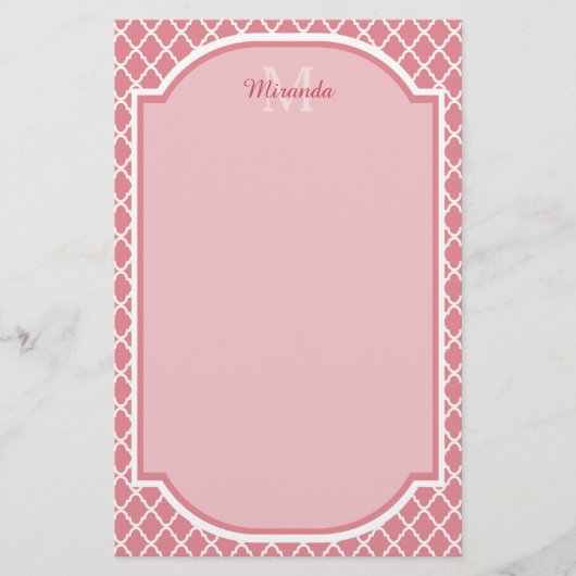Papeterie Monogramme de Quatrefoil Rose Chic Avec Nom (Devant)