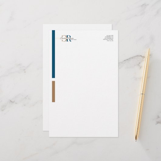 Papeterie Monogramme d'or bleu simple (Devant/Arrière en situation)