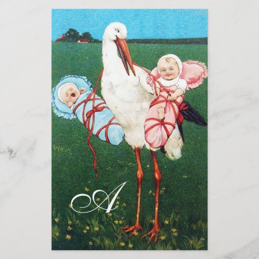 PAPETERIE MONOGRAMME DU BABY SHOWER STORK TWIN (Devant)