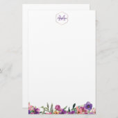 Papeterie Monogramme floral rose et bleu violet de frontière (Devant / Derrière)