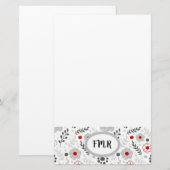 Papeterie Monogramme floral rouge gris moderne (Devant / Derrière)