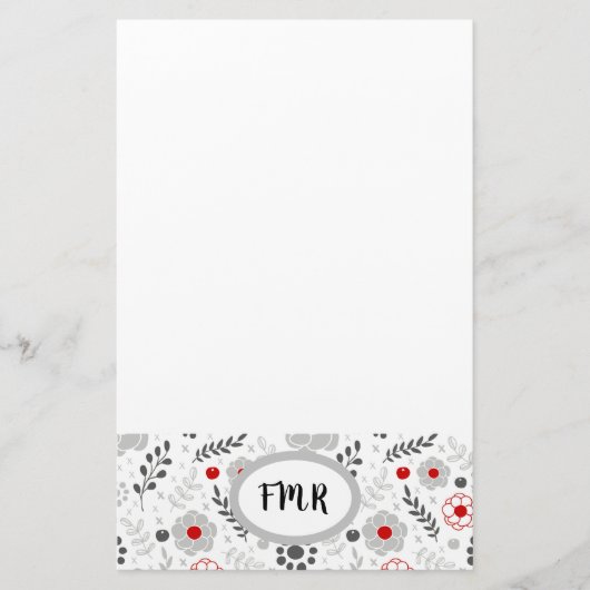 Papeterie Monogramme floral rouge gris moderne (Devant)
