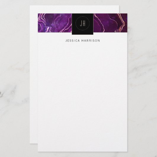 Papeterie Monogramme Géode foncé violet noir Agate Abstrait (Devant / Derrière)