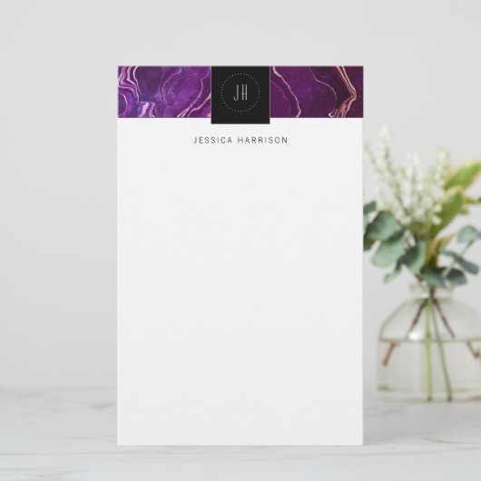 Papeterie Monogramme Géode foncé violet noir Agate Abstrait (Debout devant)