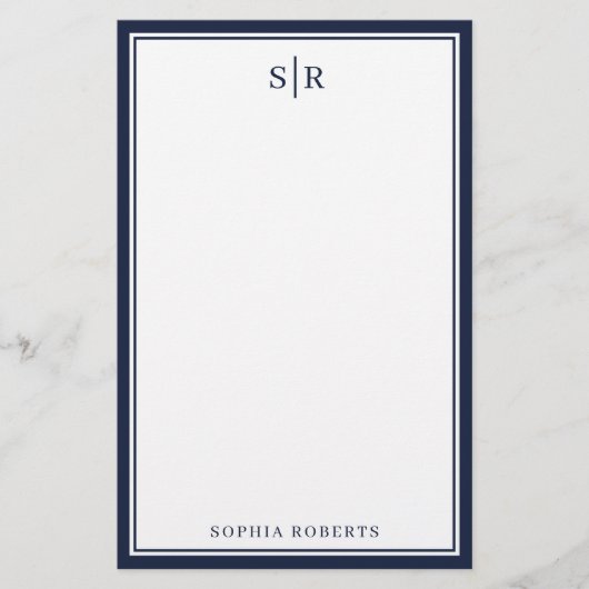 Papeterie Monogramme Moderne Bleu Marine Blanc Nom Personnal (Devant)