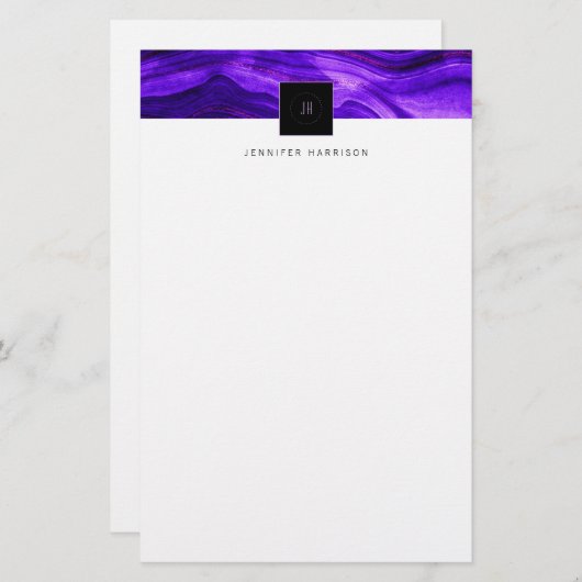 Papeterie Monogramme noir Géode Abstrait Agate pourpre foncé (Devant / Derrière)