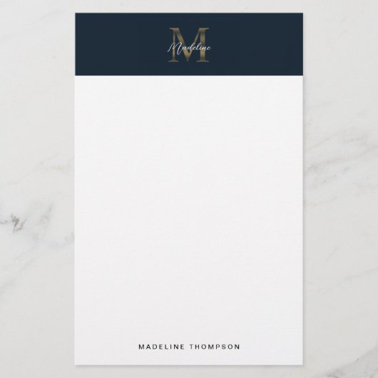 Papeterie Monogramme Or Bleu Nuit Métallisé Script Minimalis (Devant)