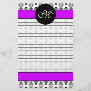 Papeterie Monogramme personnalisé en mauve et en damas blan