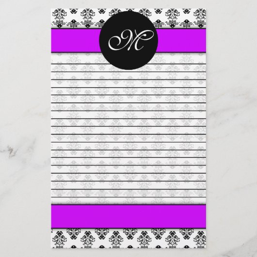 Papeterie Monogramme personnalisé en mauve et en damas blanc (Devant)