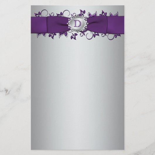 Papeterie Monogramme Purple, Mariage Floral Argent (Devant)