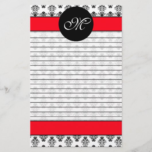 Papeterie Monogramme rayé par damassé rouge et blanche (Devant)