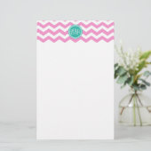 Papeterie Monogramme rose et Turquoise Chevron personnalisé (Debout devant)