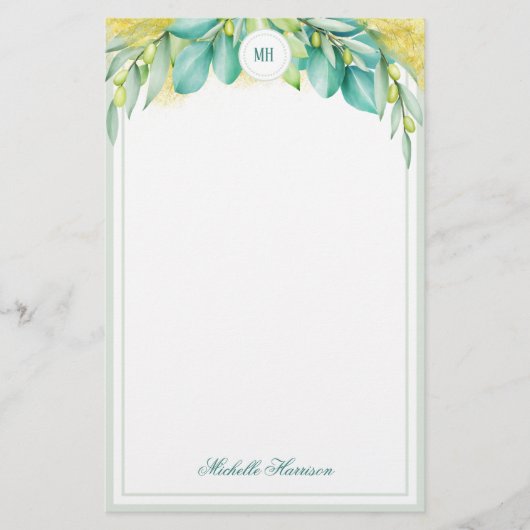 Papeterie Monogramme Vert Eucalyptus Feuilles Branches d'oli (Devant)