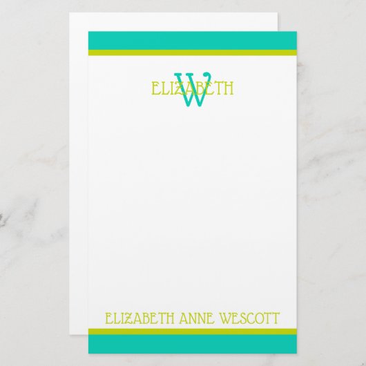 Papeterie Monogramme vert turquoise et citron vert (Devant / Derrière)