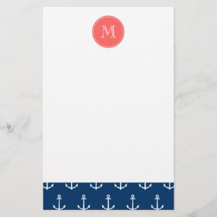 Papeterie Motif blanc d'Ancres de bleu marine, monogramme de