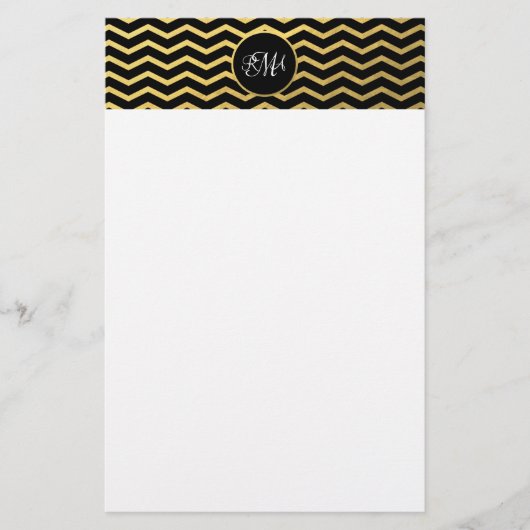 Papeterie Motif Chevron Noir et Or Triple Monogramme (Devant)