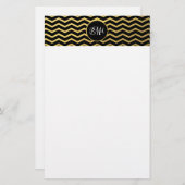 Papeterie Motif Chevron Noir et Or Triple Monogramme (Devant / Derrière)